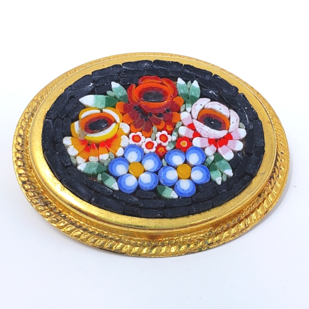 Vintage Italian Micro Mosaic Black Floral Rose Pin Brooch Goldstone Oval